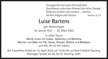 Traueranzeige von Luise Bartens von Süddeutsche Zeitung