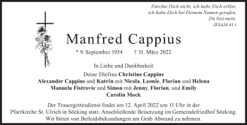 Traueranzeige von Manfred Cappius von Süddeutsche Zeitung