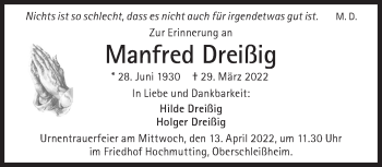 Traueranzeige von Manfred Dreißig von Süddeutsche Zeitung
