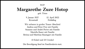 Traueranzeige von Margarethe Zuze Hotop von Süddeutsche Zeitung