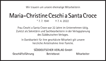 Traueranzeige von Maria-Christine Ceschi a Santa Croce Maria-Christine von Süddeutsche Zeitung