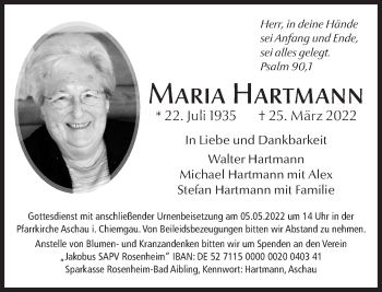 Traueranzeige von Maria Hartmann von Süddeutsche Zeitung