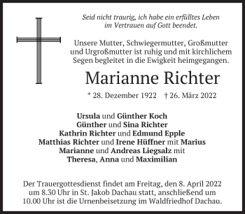 Traueranzeige von Marianne Richter von Süddeutsche Zeitung