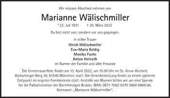 Traueranzeige von Marianne Wälischmiller von Süddeutsche Zeitung