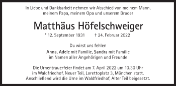 Traueranzeige von Matthäus Höfelschweiger von Süddeutsche Zeitung
