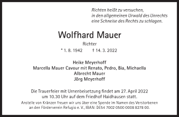 Traueranzeige von Mauer Wolfhard  von Süddeutsche Zeitung