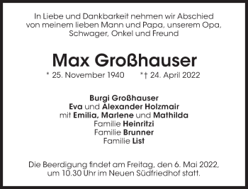Traueranzeige von Max Großhauser von Süddeutsche Zeitung