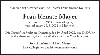 Traueranzeige von Mayer Renate von Süddeutsche Zeitung