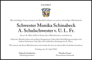 Traueranzeige von Monika Schinabeck von Süddeutsche Zeitung