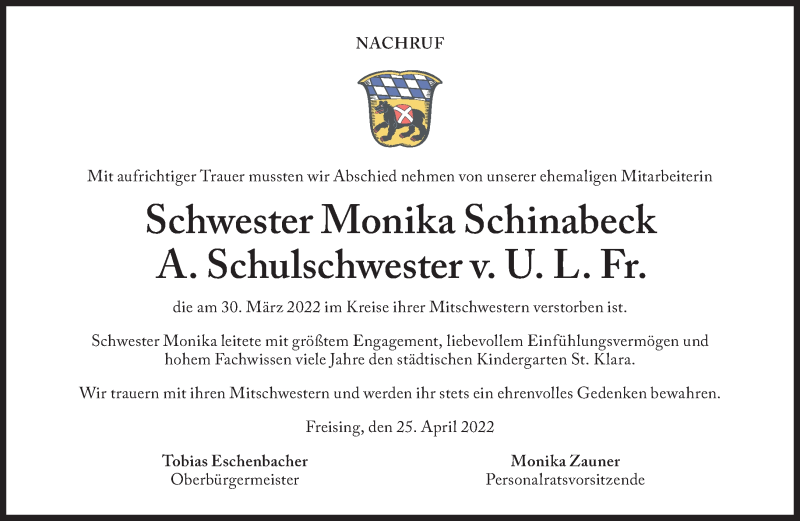  Traueranzeige für Monika Schinabeck vom 28.04.2022 aus Süddeutsche Zeitung