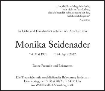 Traueranzeige von Monika Seidenader von Süddeutsche Zeitung