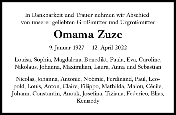 Traueranzeige von Omama Zuze von Süddeutsche Zeitung