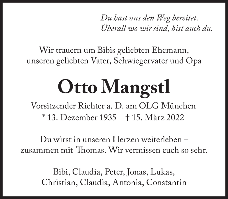  Traueranzeige für Otto Mangstl vom 09.04.2022 aus Süddeutsche Zeitung