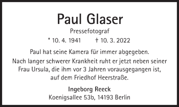 Traueranzeige von Paul Glaser von Süddeutsche Zeitung