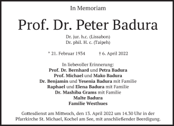 Traueranzeige von Peter Badura von Süddeutsche Zeitung