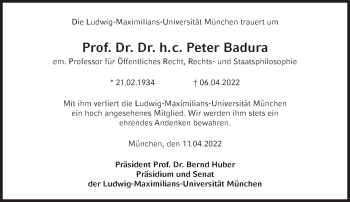 Traueranzeige von Peter Badura von Süddeutsche Zeitung