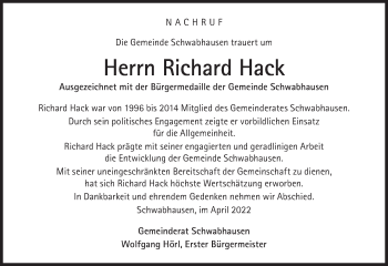 Traueranzeige von Richard Hack von Süddeutsche Zeitung