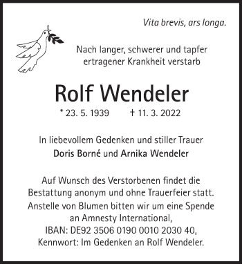 Traueranzeige von Rolf Wendeler von Süddeutsche Zeitung