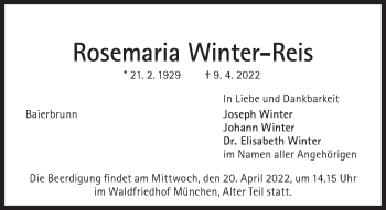 Traueranzeige von Rosemarie Winter-Reis von Süddeutsche Zeitung