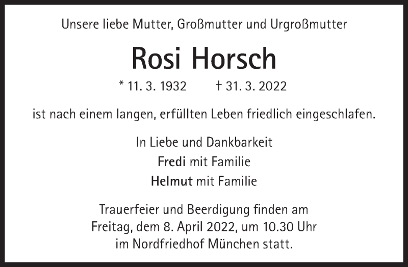  Traueranzeige für Rosi Horsch vom 02.04.2022 aus Süddeutsche Zeitung