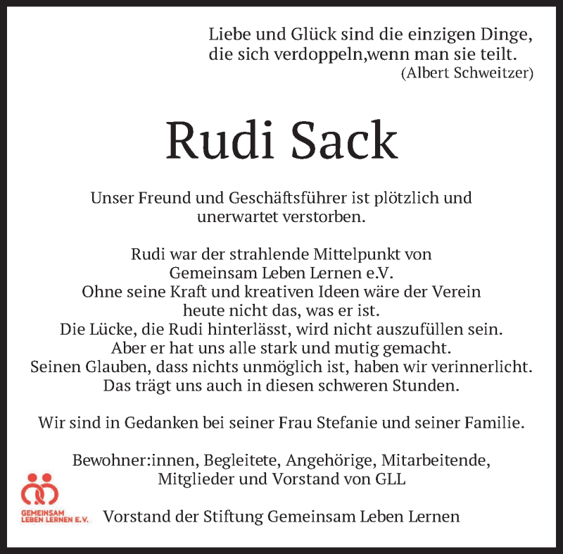 Traueranzeige für Rudi Sack vom 09.04.2022 aus Süddeutsche Zeitung