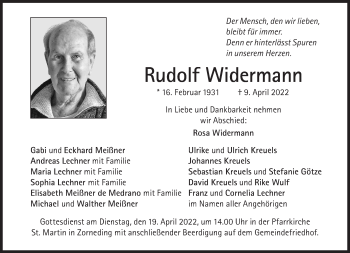 Traueranzeige von Rudolf Widermann von Süddeutsche Zeitung