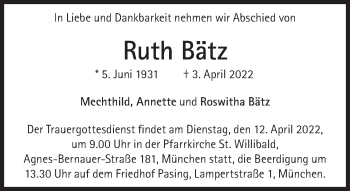 Traueranzeige von Ruth Bätz von Süddeutsche Zeitung
