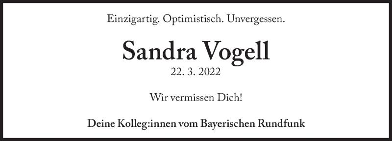 Traueranzeige für Sandra Vogell vom 02.04.2022 aus Süddeutsche Zeitung