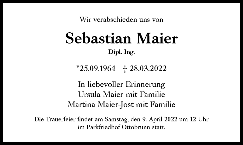  Traueranzeige für Sebastian Maier vom 02.04.2022 aus Süddeutsche Zeitung