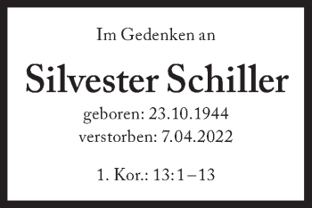 Traueranzeige von Silvester Schiller von Süddeutsche Zeitung