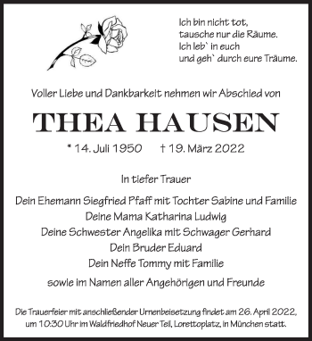 Traueranzeige von Thea Hausen von Süddeutsche Zeitung