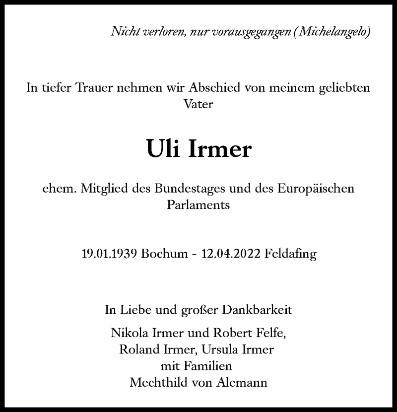  Traueranzeige für Uli Irmer vom 23.04.2022 aus Süddeutsche Zeitung