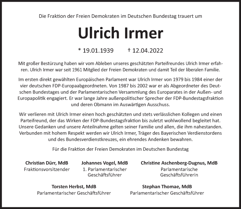  Traueranzeige für Ulrich Irmer vom 30.04.2022 aus Süddeutsche Zeitung