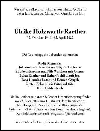 Traueranzeige von Ulrike Holzwarth-Raether von Süddeutsche Zeitung