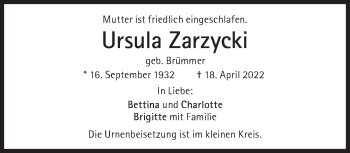 Traueranzeige von Ursula Zarzycki von Süddeutsche Zeitung