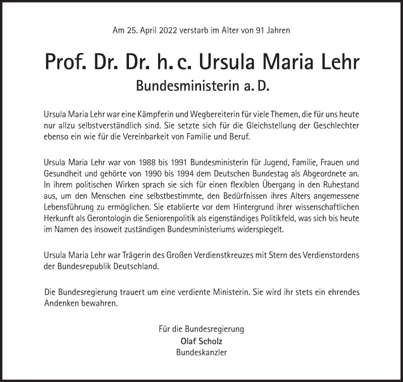  Traueranzeige für Ursula Maria Lehr vom 30.04.2022 aus Süddeutsche Zeitung