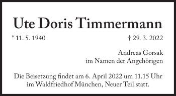 Traueranzeige von Ute Doris Timmermann von Süddeutsche Zeitung