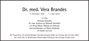Traueranzeige von Vera Brandes von Süddeutsche Zeitung