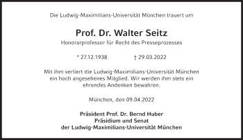 Traueranzeige von Walter Seitz von Süddeutsche Zeitung