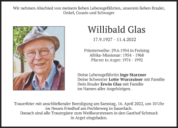 Traueranzeige von Willibald Glas von Süddeutsche Zeitung