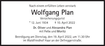 Traueranzeige von Wolfgang Plan von Süddeutsche Zeitung