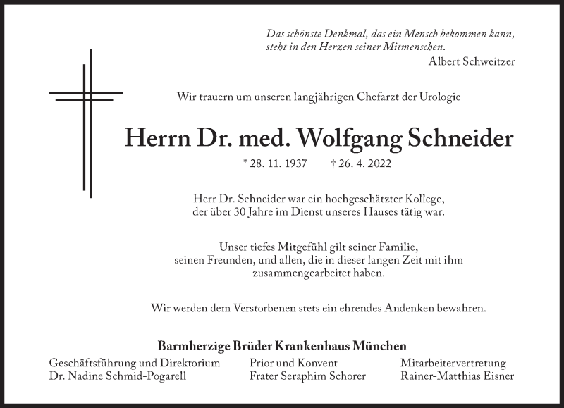  Traueranzeige für Wolfgang Schneider vom 30.04.2022 aus Süddeutsche Zeitung