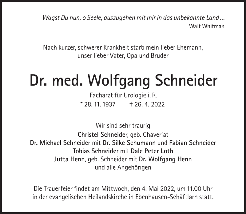  Traueranzeige für Wolfgang Schneider vom 30.04.2022 aus Süddeutsche Zeitung