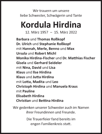 Traueranzeige von Kordula Hirdina von Süddeutsche Zeitung