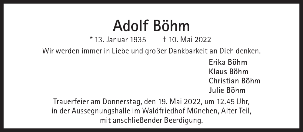  Traueranzeige für Adolf Böhm vom 14.05.2022 aus Süddeutsche Zeitung