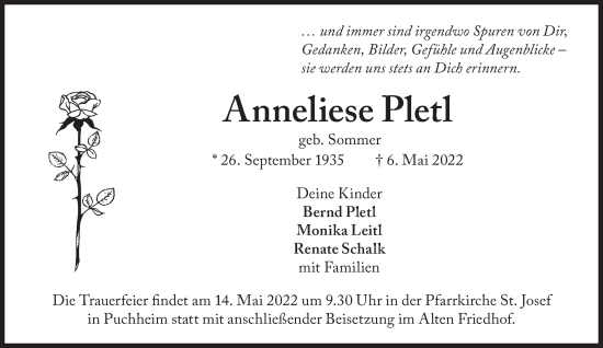 Traueranzeige von Anneliese Pletl von Süddeutsche Zeitung