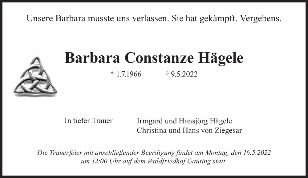 Traueranzeige für Barbara Constanze Hägele vom 13.05.2022 aus Süddeutsche Zeitung