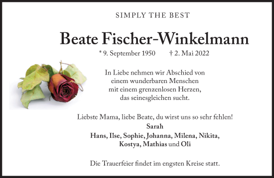 Traueranzeige von Beate Fischer-Winkelmann von Süddeutsche Zeitung