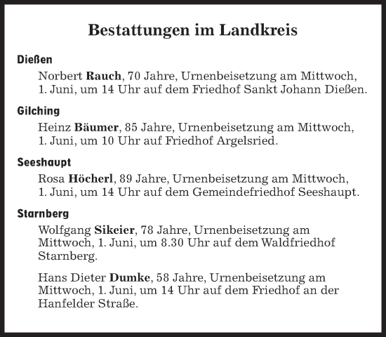 Traueranzeige von Bestattungen vom 01.06.2022 von Süddeutsche Zeitung