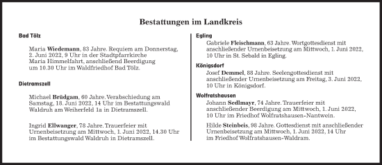 Traueranzeige von Bestattungen vom 01.06.2022 von Süddeutsche Zeitung